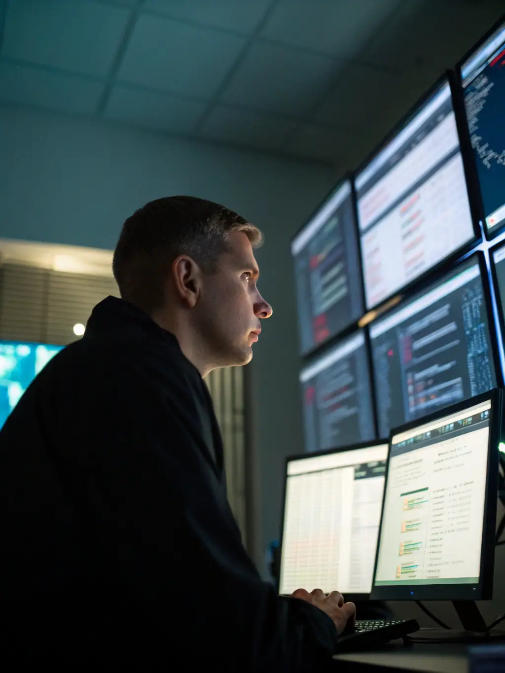 An IT professional monitoring network security on multiple screens.