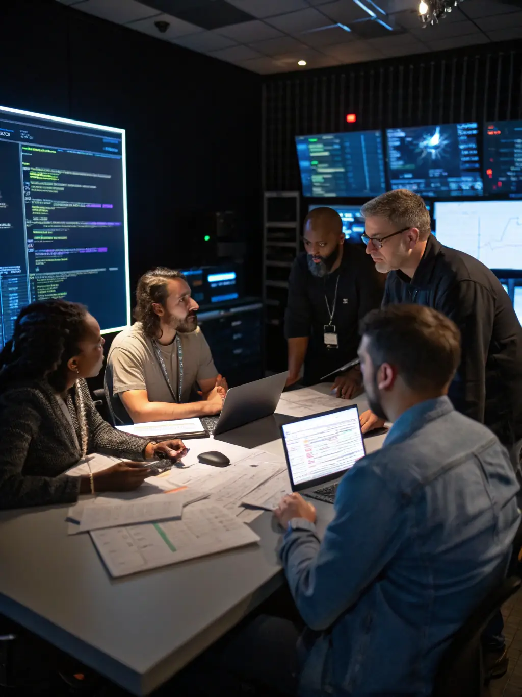 A diverse team of cybersecurity professionals collaborating in a modern office space, working on a complex data security project, showcasing teamwork and innovation at Dynamic Data Solutions.
