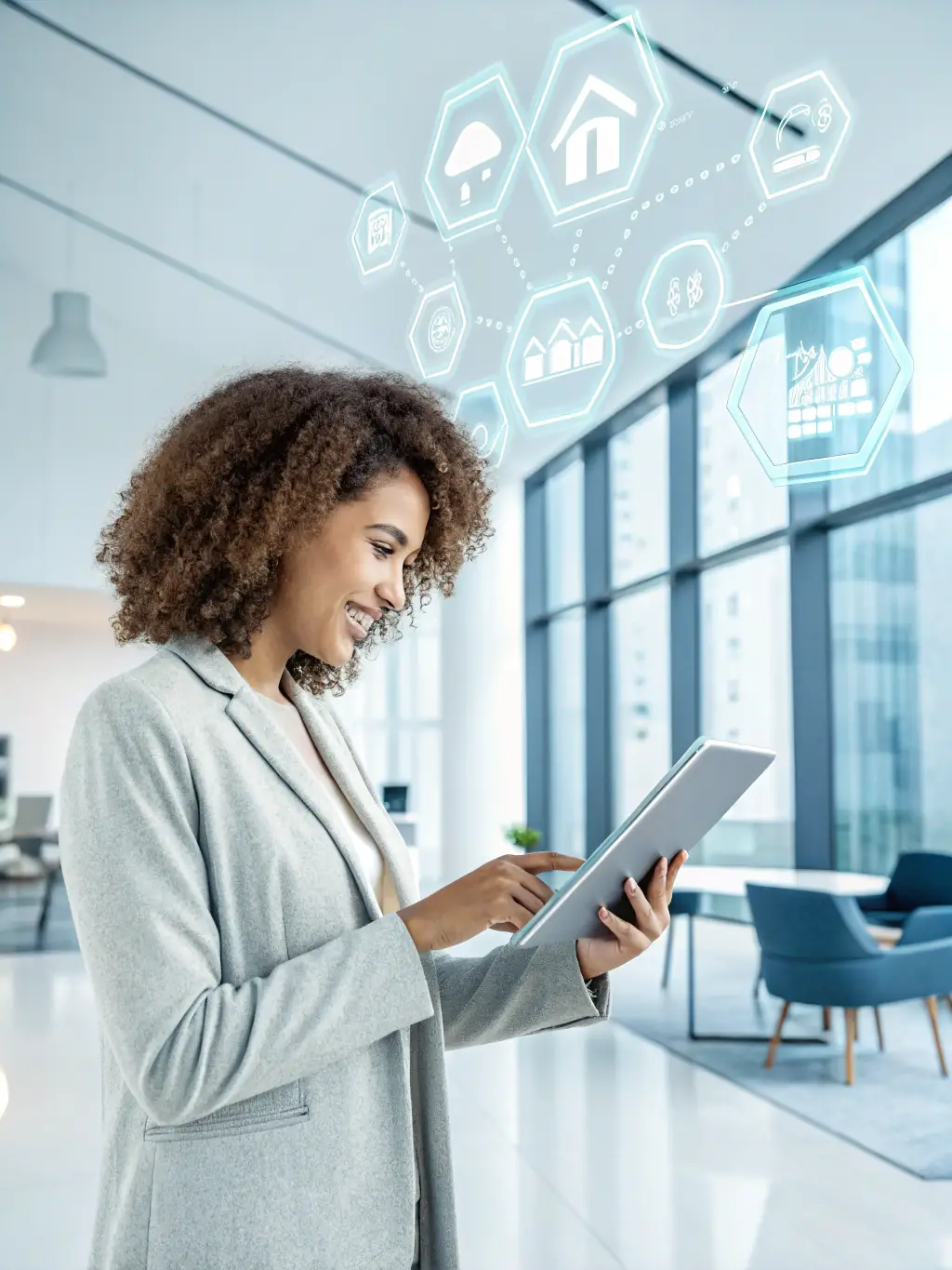 A professional employee of Dynamic Data Solutions is smiling while reviewing a health insurance plan on a tablet, in a modern office setting.