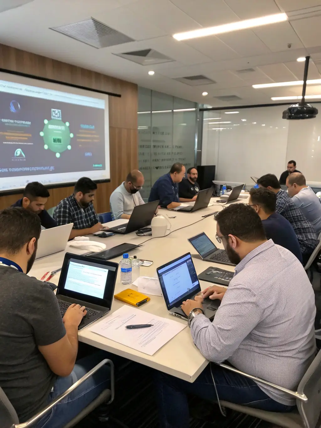 A group of Dynamic Data Solutions employees participating in a cybersecurity training session, with laptops and focused expressions.